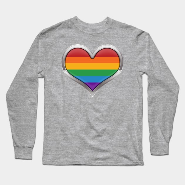 Large LGBT Rainbow Pride Flag Colored Heart with Chrome Frame Long Sleeve T-Shirt by LiveLoudGraphics